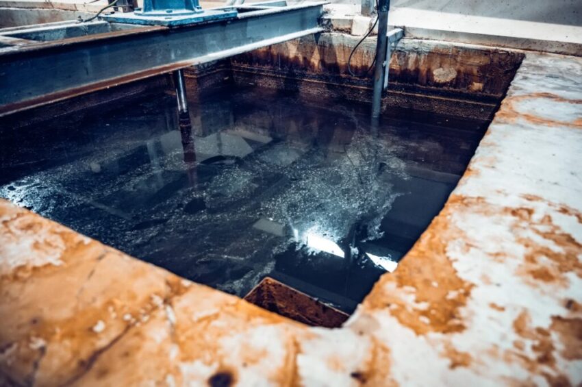 Tank with waste water in steel plant workshop
